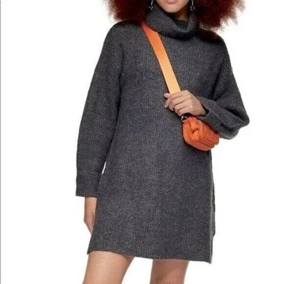 Topshop Funnel Neck Sweater Dress Size 2 Gray NWT Cuffed Ribbed Relaxed Fit - Picture 1 of 7